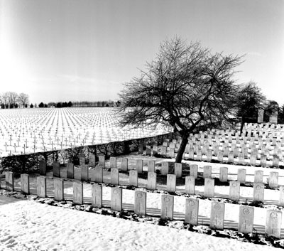 First World War Cemetery in Northern France in snow